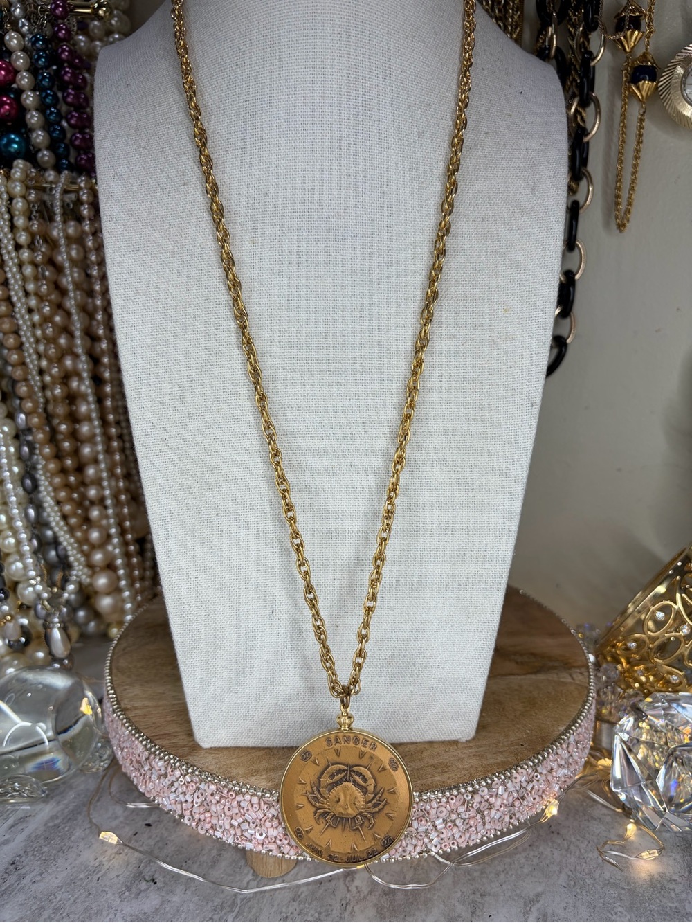 Vintage Cancer Zodiac Pendant Necklace Astrology Horoscope Jewelry Double Sided - Picture 2 of 5